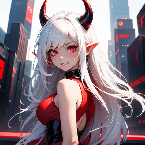 Anime girl with red dress and black horns white hair and red eyes devilish smile and pointy ears with a cyber city red backround