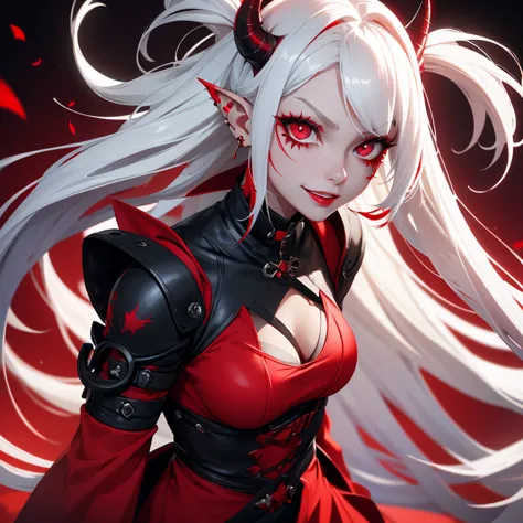 Demoing girl with a red dress white hair red eyes a devilish smile with a red scar on her face pointy ears and a lot of black an...
