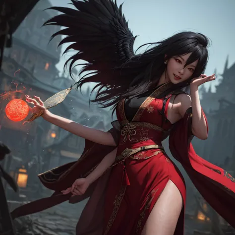 A witchy Asian spirit, Malaysian woman, age 25, ankle length hair, corrupt billowing silken robes with blood red trim (very risq...