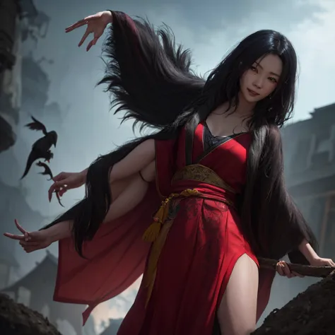 A witchy Asian spirit, Malaysian woman, age 25, ankle length hair, corrupt billowing silken robes with blood red trim (very risq...