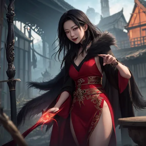 A witchy Asian spirit, Malaysian woman, age 25, ankle length hair, corrupt billowing silken robes with blood red trim (very risq...