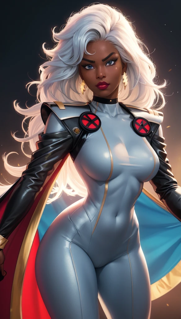 CARTOON_X_MENs_Storm,ownwaifu,
long hair,white hair,dark skin,dark-skinned female,breasts,lips,blue eyes,very dark skin,medium breasts,lipstick,floating hair,very long hair,makeup,big hair,curly hair,red lips,eyelashes,toned,
jewelry,earrings,cape,bracelet,bodysuit,gloves,superhero,choker,
 official art,extremely detailed CG unity 8k wallpaper, perfect lighting,Colorful, Bright_Front_face_Lighting,shiny skin, (masterpiece:1.0),(best_quality:1.0), ultra high res,4K,ultra-detailed, photography, 8K, HDR, highres, (absurdres:1.2), Kodak portra 400, film grain, blurry background, (bokeh:1.2), lens flare, (vibrant_color:1.2),professional photograph, (beautiful_face:1.5),