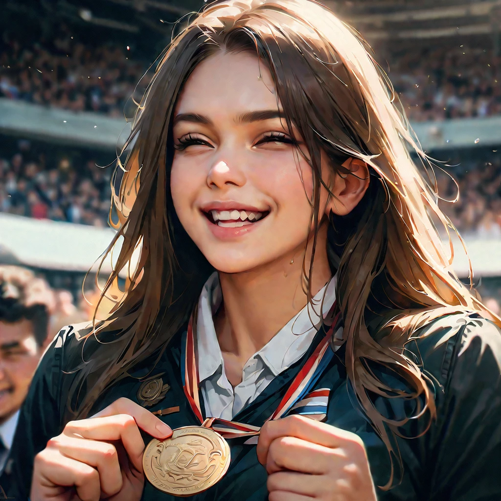 (masterpiece, highest quality, Best image quality, High resolution, Realistic, RAW Photos, 8k)), Award ceremony for the Prank Competition, Medalled athletes frolicking around, Biting the medal, The subject is so close it&#39;s annoying, The composition is such that the face is distorted, background, Athletics Stadium, Athletes in costumes