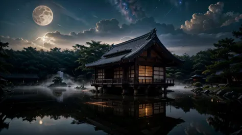 8K wallpaper, 34-inch screen, hyper-realistic, night, forest, traditional Japanese buildings, wooden houses, temples, castle, ga...