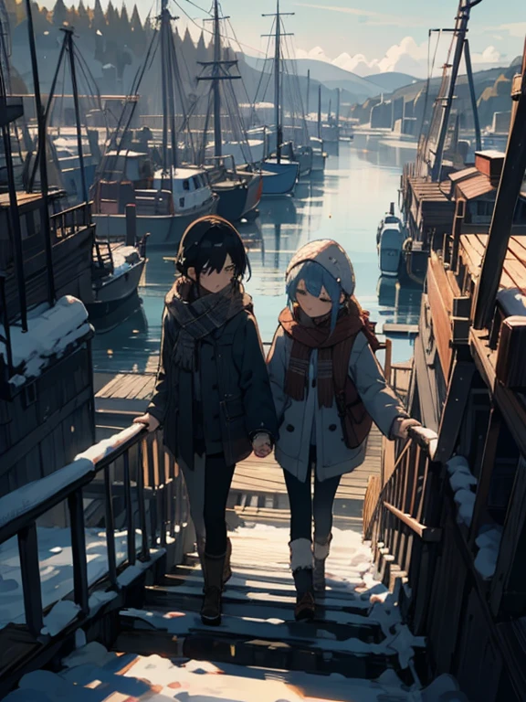 Holding hands in a winter harbor。