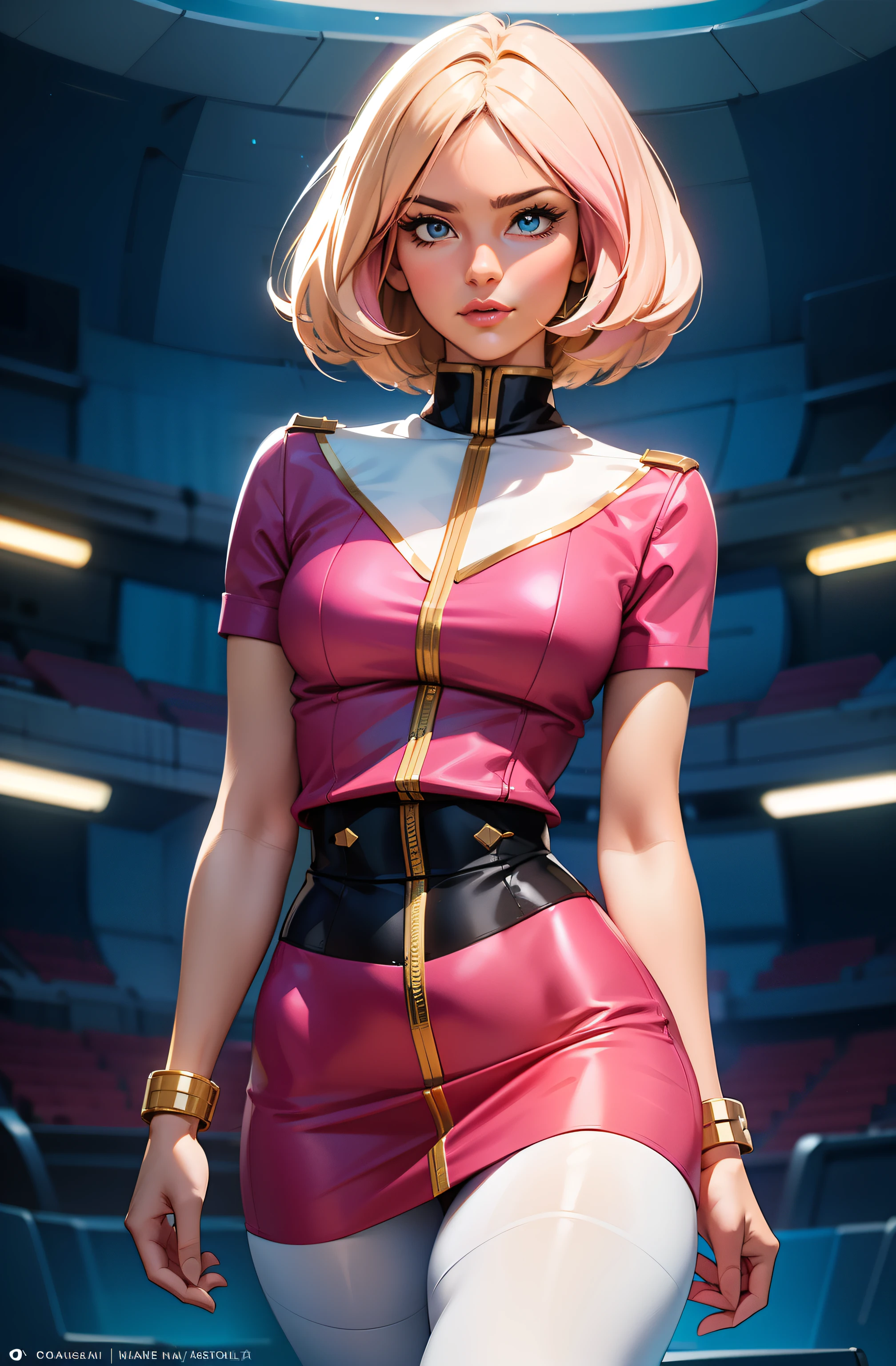 ((masterpiece)), ((cinematic lighting)), realistic photo、Real Images、Top image quality、1girl in, sayla mass, Elegant, masterpiece, Convoluted, slim arms, wide hips, thick thighs, thigh gaps, Best Quality, absurderes, high face detail, Perfect eyes, mature, Cowboy Shot, , Vibrant colors, soft pink uniform, soft pink Skirt, white tights, side view, looking at viewer