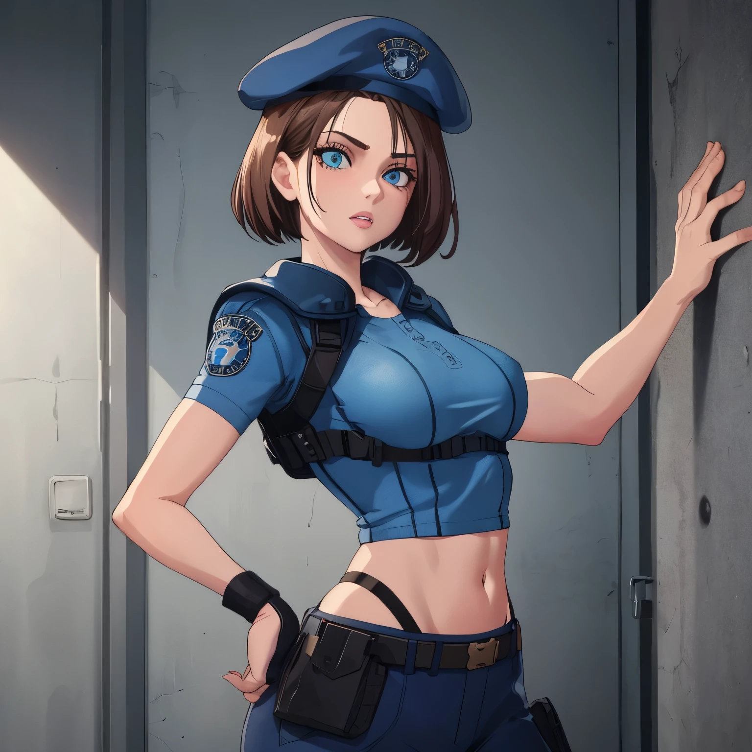 Jill Valentine, rosto lateral, masterpiece, best quality, 1girl, solo, standing, jillre1, beret, uniform, shoulder pads, short sleeves, harness, belt, pants, unmoving pattern, peitos grandes, bunda grande, ela esta mostrando a lateral, decote, peitos grandes, ela esta olhando para a lateral, olhos perfeitos, boca vermelha perfeita,