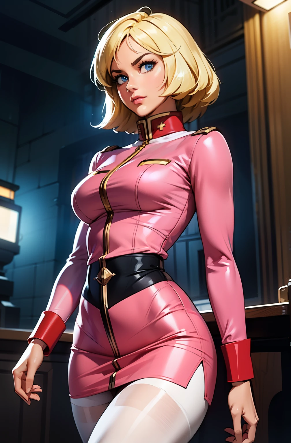 ((masterpiece)), ((cinematic lighting)), realistic photo、Real Images、Top image quality、1girl in, sayla mass, Elegant, masterpiece, Convoluted, slim arms, wide hips, thick thighs, thigh gaps, Best Quality, absurderes, high face detail, Perfect eyes, mature, Cowboy Shot, , Vibrant colors, soft pink uniform, soft pink Skirt, white tights, side view, looking at viewer