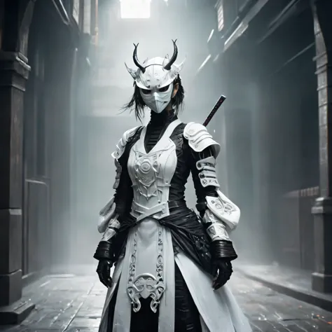 Arafed image of a person wearing white clothing and a mask, A very beautiful cyberpunk samurai, gothic - cyberpunk, Orthodox cyb...