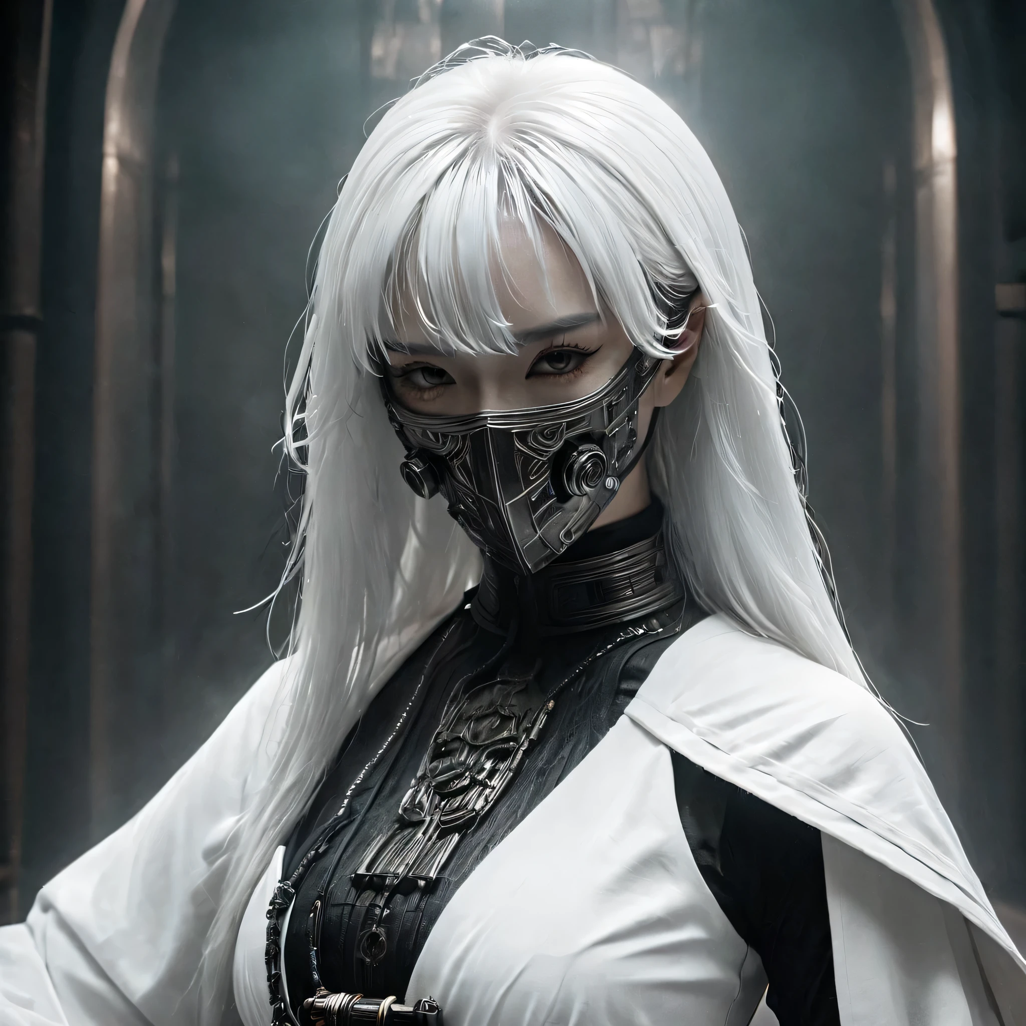 Image d&#39;Arafed d&#39;une personne portant des vêtements blancs et un masque, Un très beau samouraï cyberpunk, gothique - cyberpunk, cyberpunk orthodoxe, cyberpunk rococo, ornamental gothique - cyberpunk, Magnifique cosplay, Cyberpunk occulte, Mystérieux cyborg post-apocalyptique, Ange steampunk, personnages fantastiques ultra détaillés, esthétique steampunk, style fantastique steampunk, gothique japonais, Hypergothique, Belle guerrière démoniaque,tout le corps