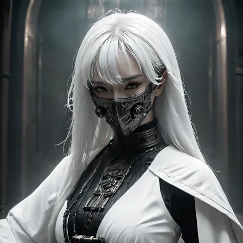 arafed image of a person wearing white clothing and a mask, a very beautiful cyberpunk samurai, gothic - cyberpunk, orthodox cyb...