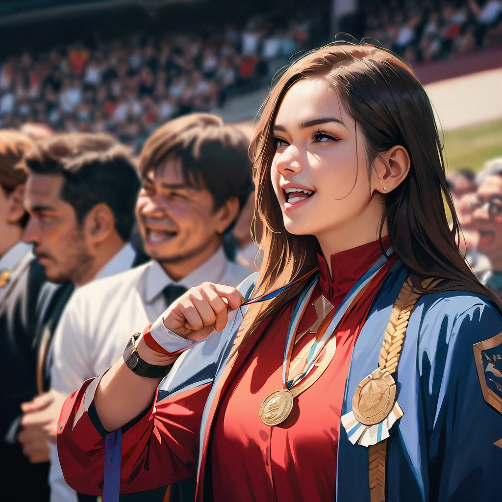 (masterpiece, highest quality, Best image quality, High resolution, Realistic, RAW Photos, 8k)), Award ceremony for the Prank Competition, Medalled athletes frolicking around, Biting the medal, Athletes in costumes, The subject is so close it&#39;s annoying, The composition is a close-up of athletes standing so close together that their faces are distorted., background, Athletics Stadium