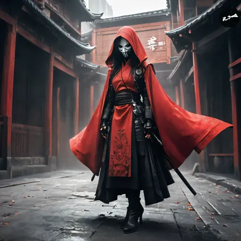 Arafed image of a person wearing scarlet clothing and a mask, Very beautiful cyberpunk samurai, gothic - cyberpunk, Orthodox cyb...