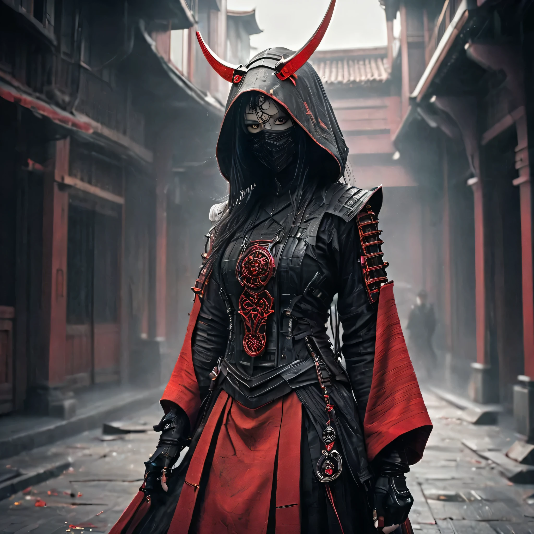 Arafed image of a person wearing scarlet clothing and a mask, Very beautiful cyberpunk samurai, gothic - cyberpunk, Orthodox cyberpunk, Rococo Cyberpunk, ornamental gothic - cyberpunk, Gorgeous cosplay, occult cyberpunk, Mysterious Post-Apocalyptic Cyborg, Steampunk Angel, Ultra-detailed fantasy characters, Steampunk aesthetics, Steampunk fantasy style, japanese gothic, Hypergoth, Beautiful female Grim Reaper