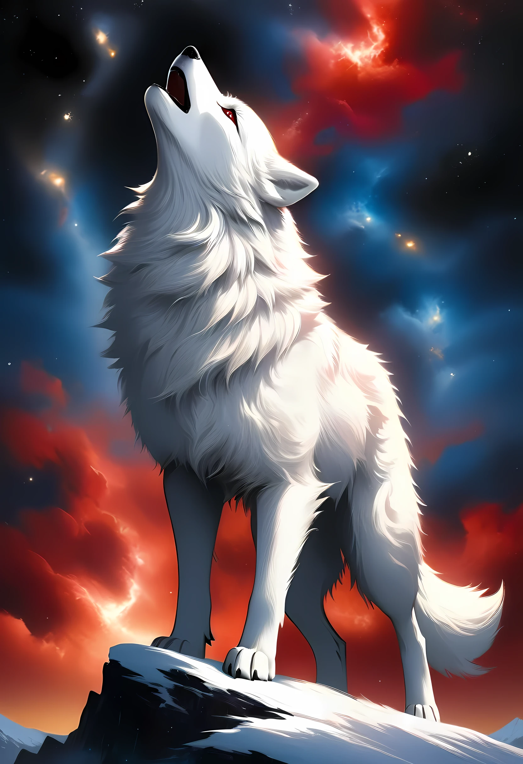 high details, best quality, 16k, [ultra detailed], masterpiece, best quality, gothic art, dark fantasy, (ultra detailed), full body, ultra wide shot, photorealism, an epic white wolf howling to the starry night sky, big epic white wolf , white fur (ultra detailed, Masterpiece, best quality), howling, red eyes RagingNebula (ultra detailed, Masterpiece, best quality), night sky, starry night background (ultra detailed, Masterpiece, best quality, ladyshadow