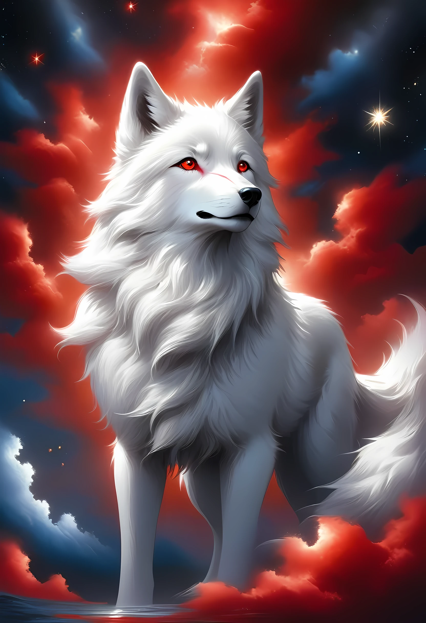 high details, best quality, 16k, [ultra detailed], masterpiece, best quality, gothic art, dark fantasy, (ultra detailed), full body, ultra wide shot, photorealism, an epic white wolf howling to the starry night sky, big epic white wolf , white fur (ultra detailed, Masterpiece, best quality), howling, red eyes RagingNebula (ultra detailed, Masterpiece, best quality), night sky, starry night background (ultra detailed, Masterpiece, best quality, ladyshadow