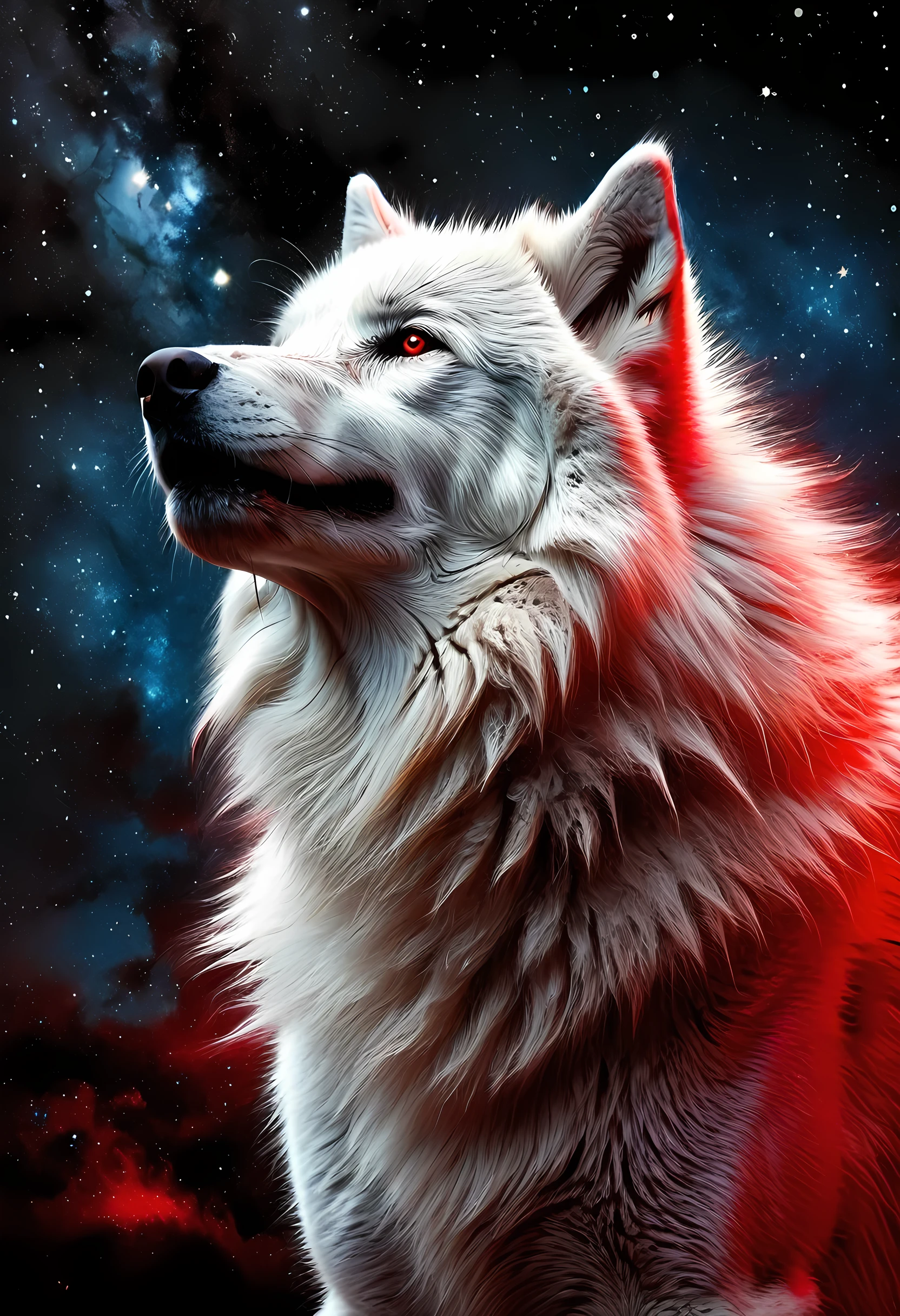 high details, best quality, 16k, [ultra detailed], masterpiece, best quality, gothic art, dark fantasy, (ultra detailed), full body, ultra wide shot, photorealism, an epic white wolf howling to the starry night sky, big epic white wolf , white fur (ultra detailed, Masterpiece, best quality), howling, red eyes RagingNebula (ultra detailed, Masterpiece, best quality), night sky, starry night background (ultra detailed, Masterpiece, best quality, ladyshadow