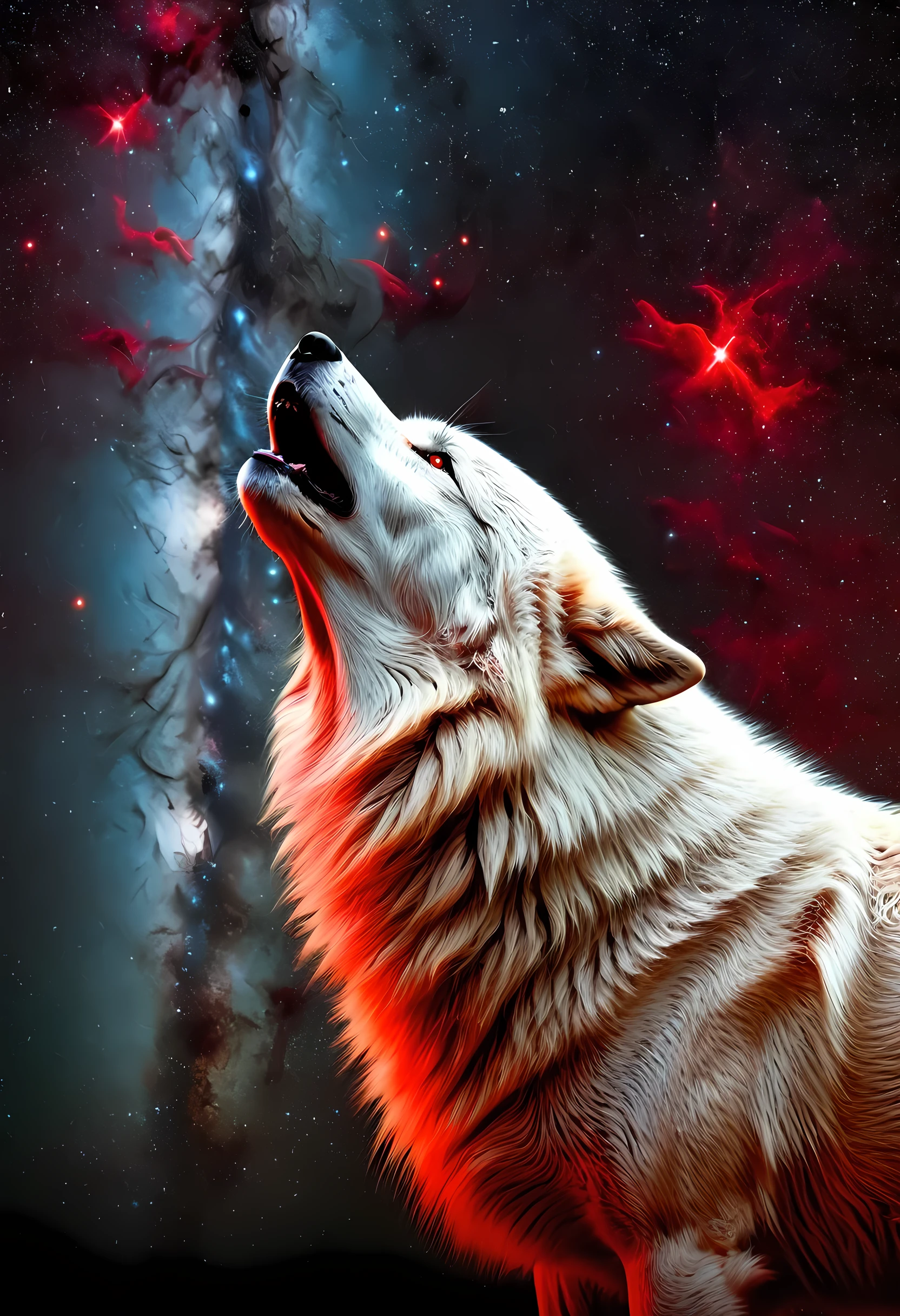 high details, best quality, 16k, [ultra detailed], masterpiece, best quality, gothic art, dark fantasy, (ultra detailed), full body, ultra wide shot, photorealism, an epic white wolf howling to the starry night sky, big epic white wolf , white fur (ultra detailed, Masterpiece, best quality), howling, red eyes RagingNebula (ultra detailed, Masterpiece, best quality), night sky, starry night background (ultra detailed, Masterpiece, best quality, ladyshadow