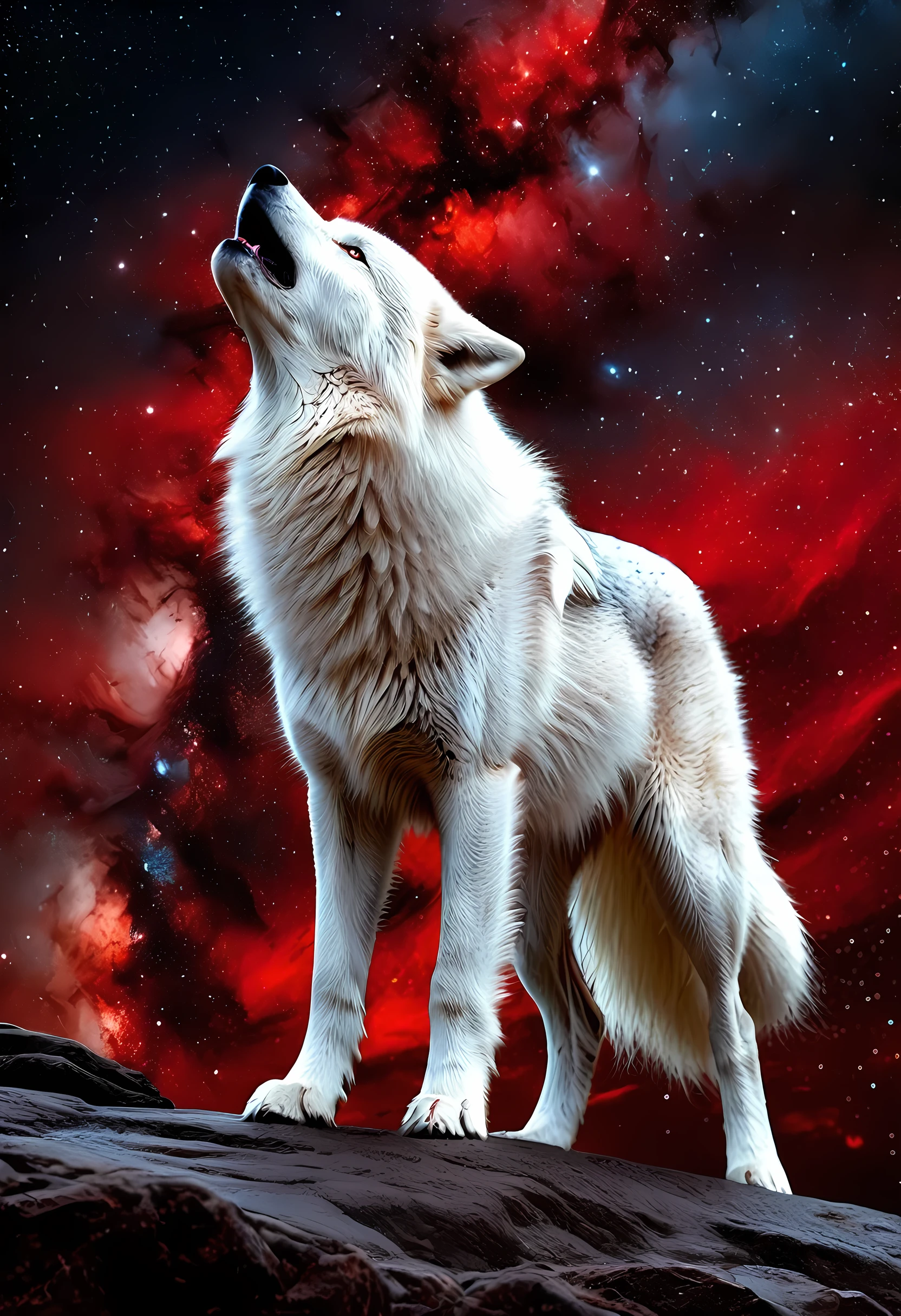 high details, best quality, 16k, [ultra detailed], masterpiece, best quality, gothic art, dark fantasy, (ultra detailed), full body, ultra wide shot, photorealism, an epic white wolf howling to the starry night sky, big epic white wolf , white fur (ultra detailed, Masterpiece, best quality), howling, red eyes RagingNebula (ultra detailed, Masterpiece, best quality), night sky, starry night background (ultra detailed, Masterpiece, best quality, ladyshadow