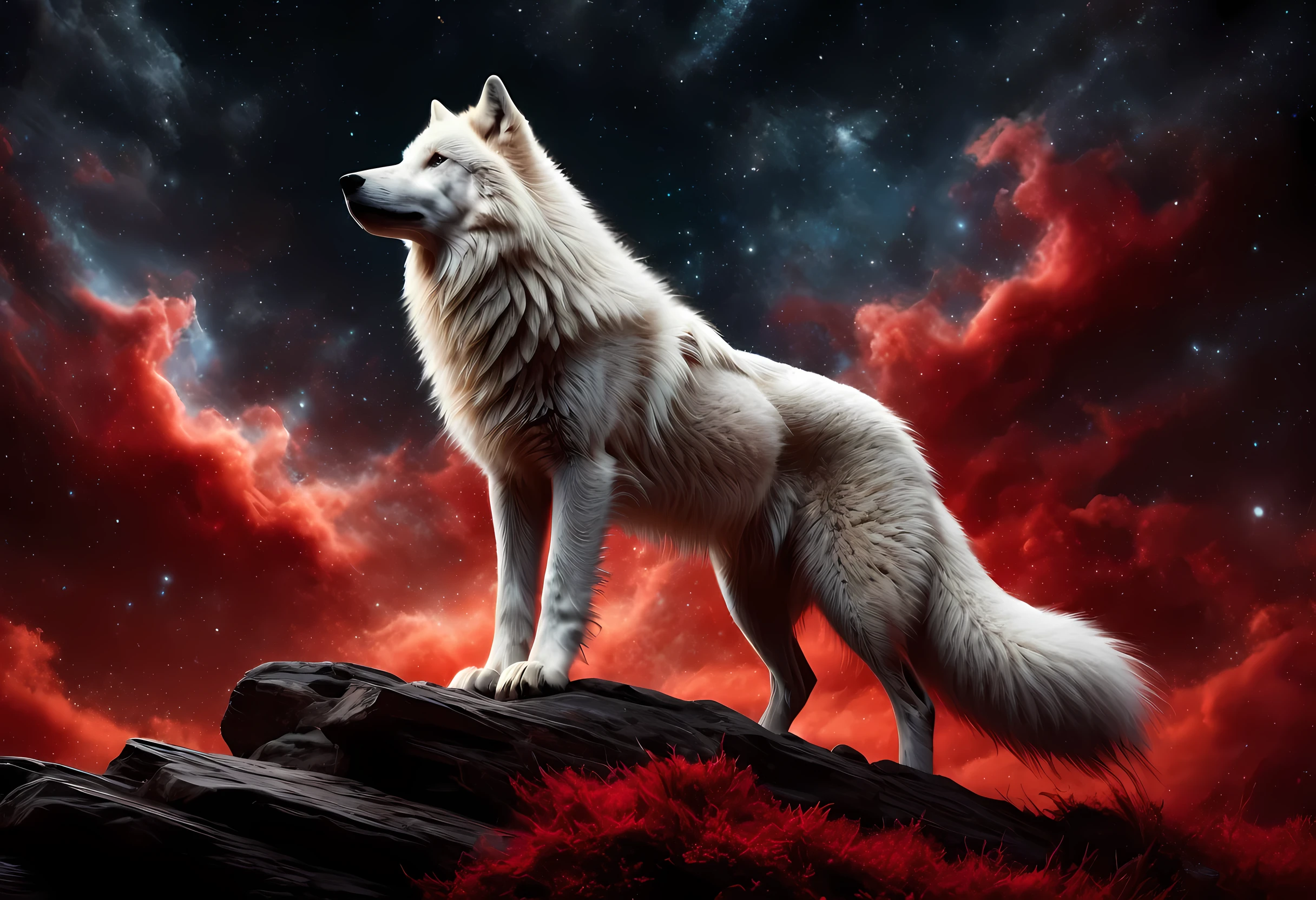 high details, best quality, 16k, [ultra detailed], masterpiece, best quality, gothic art, dark fantasy, (ultra detailed), full body, ultra wide shot, photorealism, an epic white wolf howling to the starry night sky, big epic white wolf , white fur (ultra detailed, Masterpiece, best quality), howling, red eyes RagingNebula (ultra detailed, Masterpiece, best quality), night sky, starry night background (ultra detailed, Masterpiece, best quality, ladyshadow