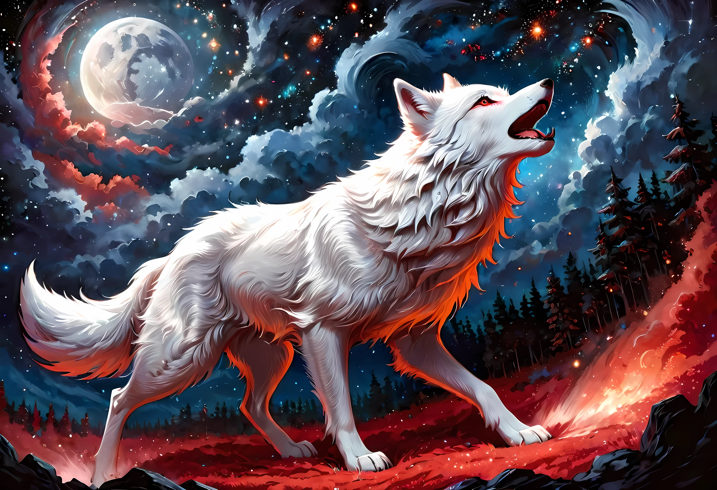 high details, best quality, 16k, [ultra detailed], masterpiece, best quality, gothic art, dark fantasy, (ultra detailed), full body, ultra wide shot, photorealism, an epic white wolf howling to the starry night sky, big epic white wolf , white fur (ultra detailed, Masterpiece, best quality), howling, red eyes RagingNebula (ultra detailed, Masterpiece, best quality), night sky, starry night background (ultra detailed, Masterpiece, best quality, ladyshadow