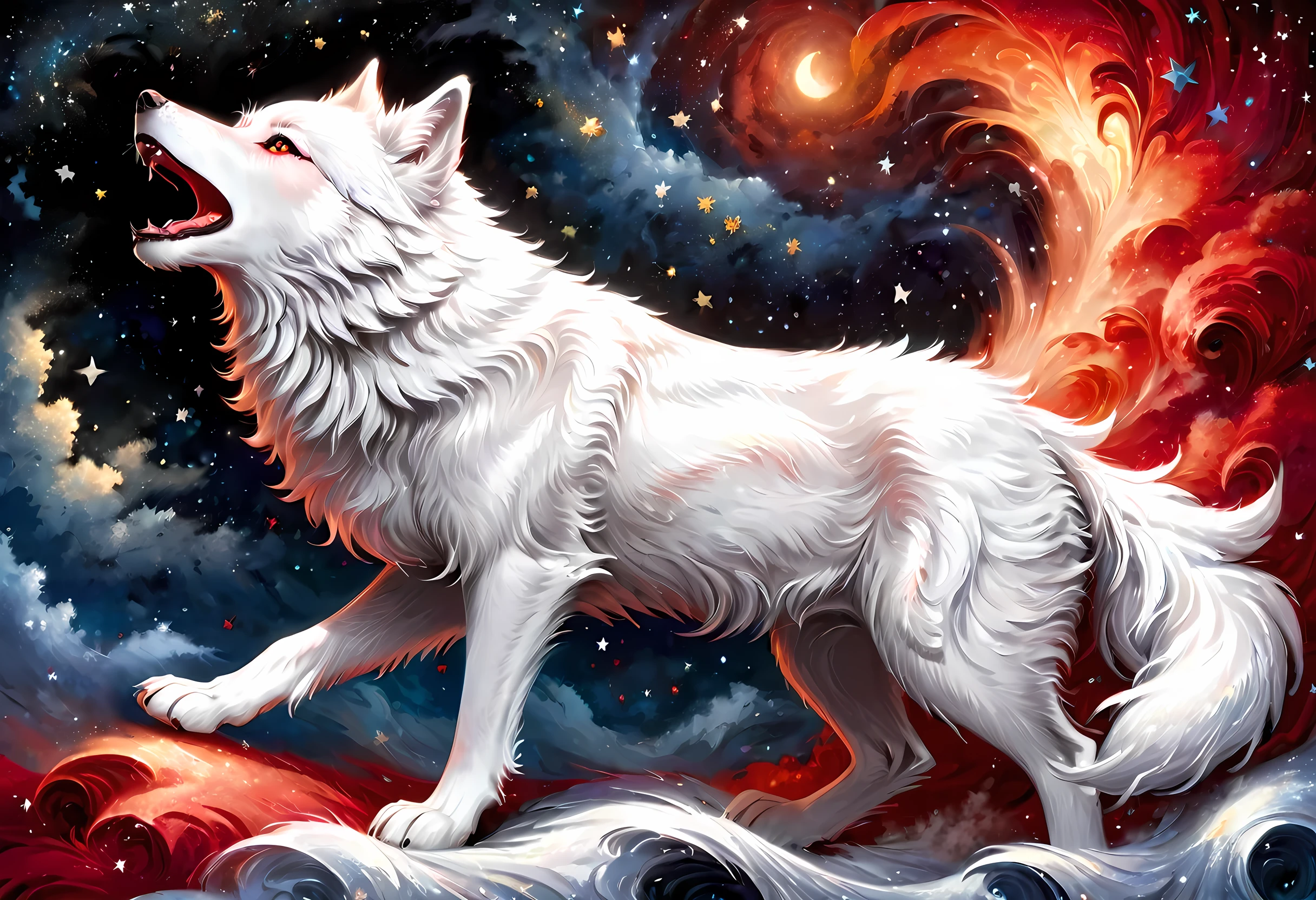 high details, best quality, 16k, [ultra detailed], masterpiece, best quality, gothic art, dark fantasy, (ultra detailed), full body, ultra wide shot, photorealism, an epic white wolf howling to the starry night sky, big epic white wolf , white fur (ultra detailed, Masterpiece, best quality), howling, red eyes RagingNebula (ultra detailed, Masterpiece, best quality), night sky, starry night background (ultra detailed, Masterpiece, best quality, ladyshadow