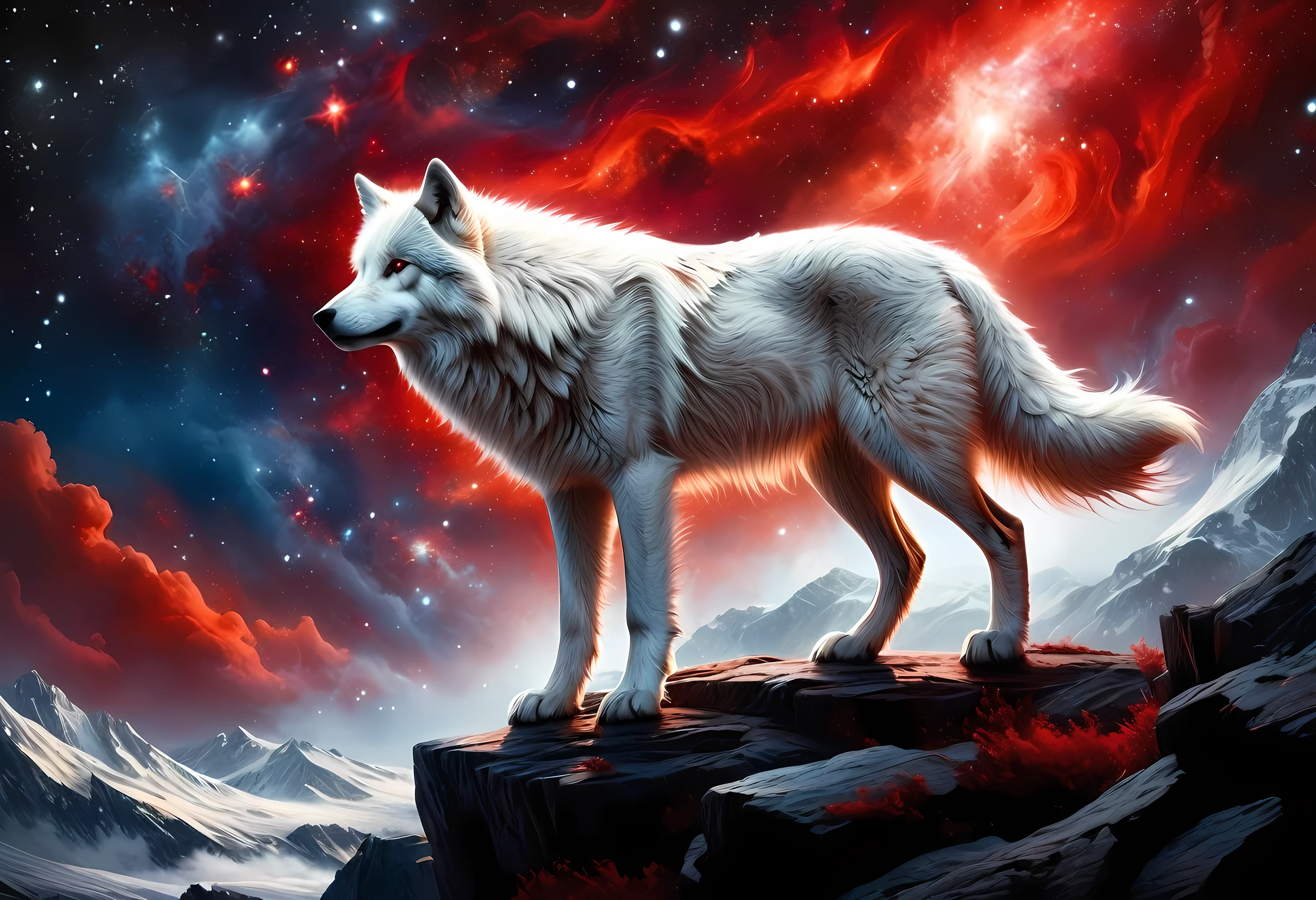 high details, best quality, 16k, [ultra detailed], masterpiece, best quality, gothic art, dark fantasy, (ultra detailed), full body, ultra wide shot, photorealism, an epic white wolf howling to the starry night sky, big epic white wolf , white fur (ultra detailed, Masterpiece, best quality), howling, red eyes RagingNebula (ultra detailed, Masterpiece, best quality), night sky, starry night background (ultra detailed, Masterpiece, best quality, ladyshadow