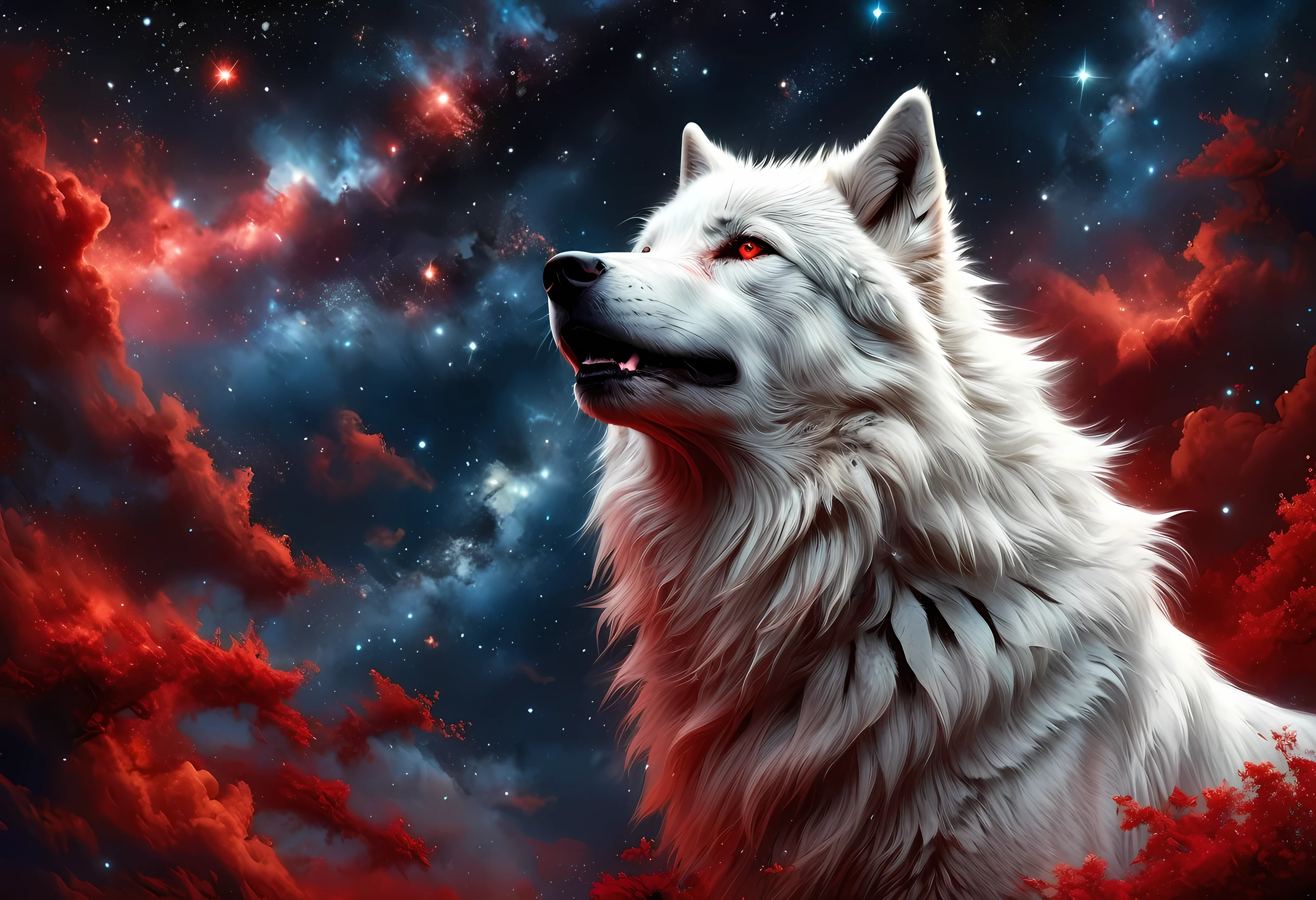 high details, best quality, 16k, [ultra detailed], masterpiece, best quality, gothic art, dark fantasy, (ultra detailed), full body, ultra wide shot, photorealism, an epic white wolf howling to the starry night sky, big epic white wolf , white fur (ultra detailed, Masterpiece, best quality), howling, red eyes RagingNebula (ultra detailed, Masterpiece, best quality), night sky, starry night background (ultra detailed, Masterpiece, best quality, ladyshadow