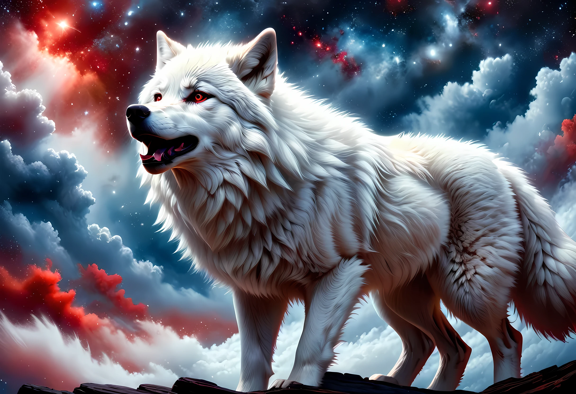 high details, best quality, 16k, [ultra detailed], masterpiece, best quality, gothic art, dark fantasy, (ultra detailed), full body, ultra wide shot, photorealism, an epic white wolf howling to the starry night sky, big epic white wolf , white fur (ultra detailed, Masterpiece, best quality), howling, red eyes RagingNebula (ultra detailed, Masterpiece, best quality), night sky, starry night background (ultra detailed, Masterpiece, best quality, ladyshadow