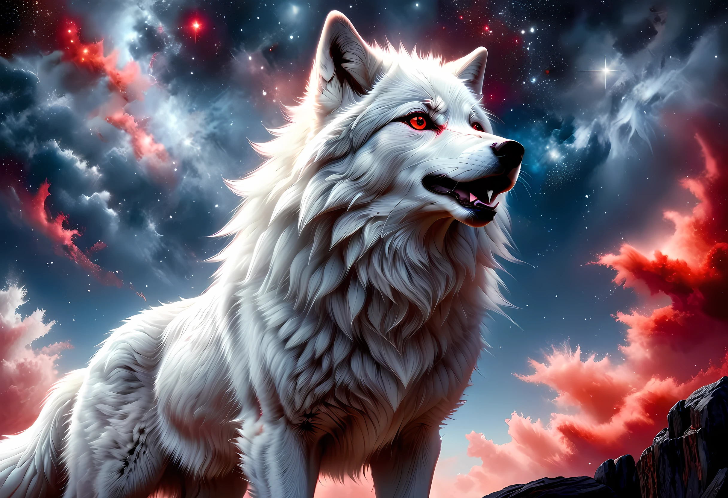 high details, best quality, 16k, [ultra detailed], masterpiece, best quality, gothic art, dark fantasy, (ultra detailed), full body, ultra wide shot, photorealism, an epic white wolf howling to the starry night sky, big epic white wolf , white fur (ultra detailed, Masterpiece, best quality), howling, red eyes RagingNebula (ultra detailed, Masterpiece, best quality), night sky, starry night background (ultra detailed, Masterpiece, best quality, ladyshadow