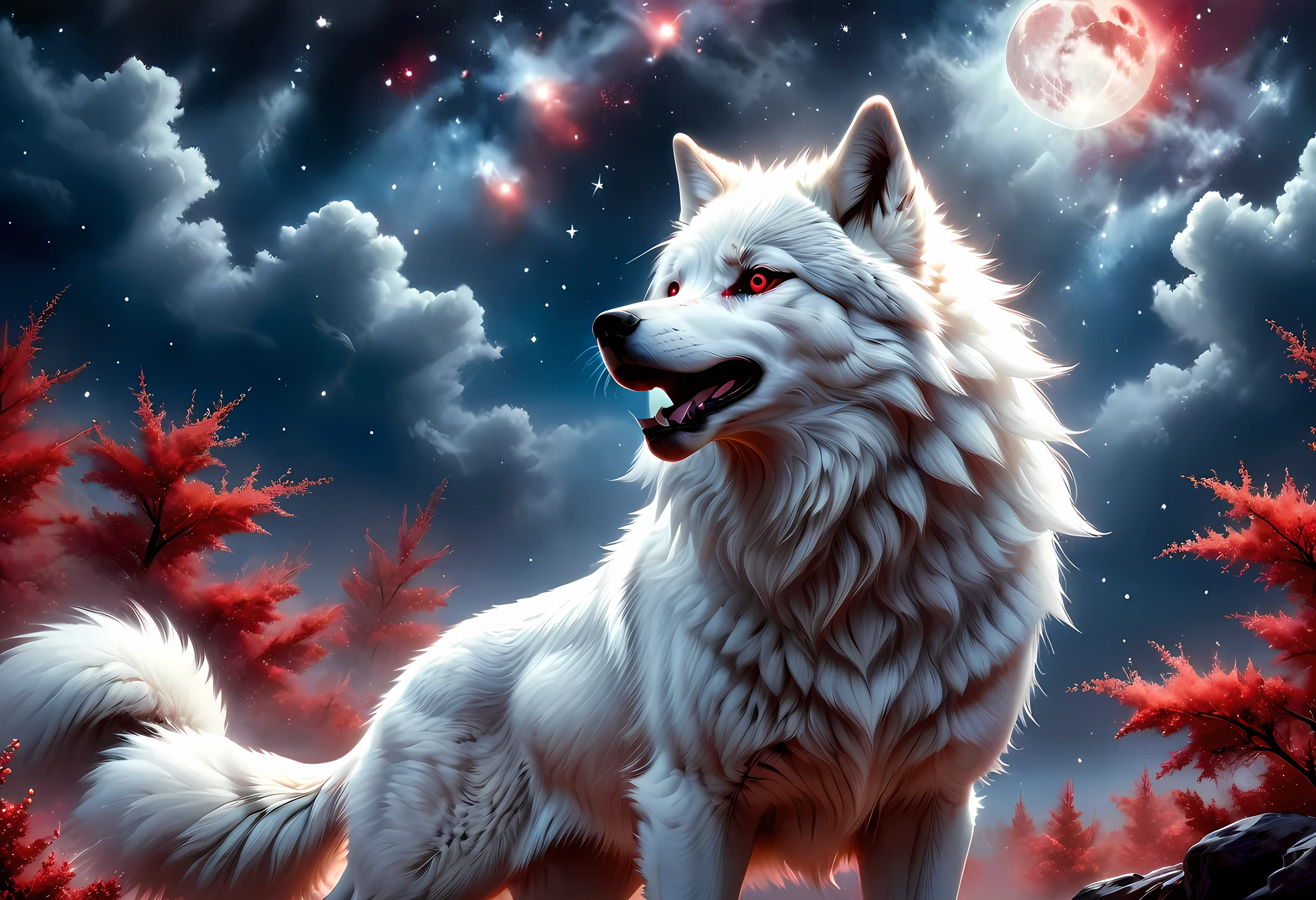 high details, best quality, 16k, [ultra detailed], masterpiece, best quality, gothic art, dark fantasy, (ultra detailed), full body, ultra wide shot, photorealism, an epic white wolf howling to the starry night sky, big epic white wolf , white fur (ultra detailed, Masterpiece, best quality), howling, red eyes RagingNebula (ultra detailed, Masterpiece, best quality), night sky, starry night background (ultra detailed, Masterpiece, best quality, ladyshadow