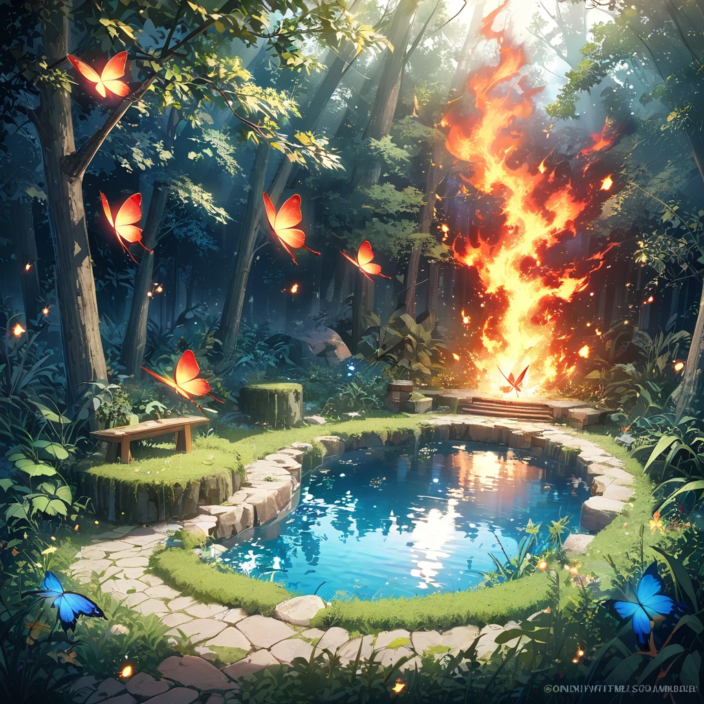 masterpiece, highest quality, (Highly detailed CG Unity 8k wallpaper), (highest quality), (Best illustrations), (Best Shadow), forest theme with Natural elements. Tall tree々, Quiet Stream, shineing little mushrooms, surrounded by delicate leaf and branch, with fire Fly and shineing Particle Effects, (Natural elements), (Jungle theme), (leaf), (branch), ( fire Fly), butterfly, (delicate leaf), (shine), (Particle Effects), Isometric 3D, Octane Rendering, Ray Tracing