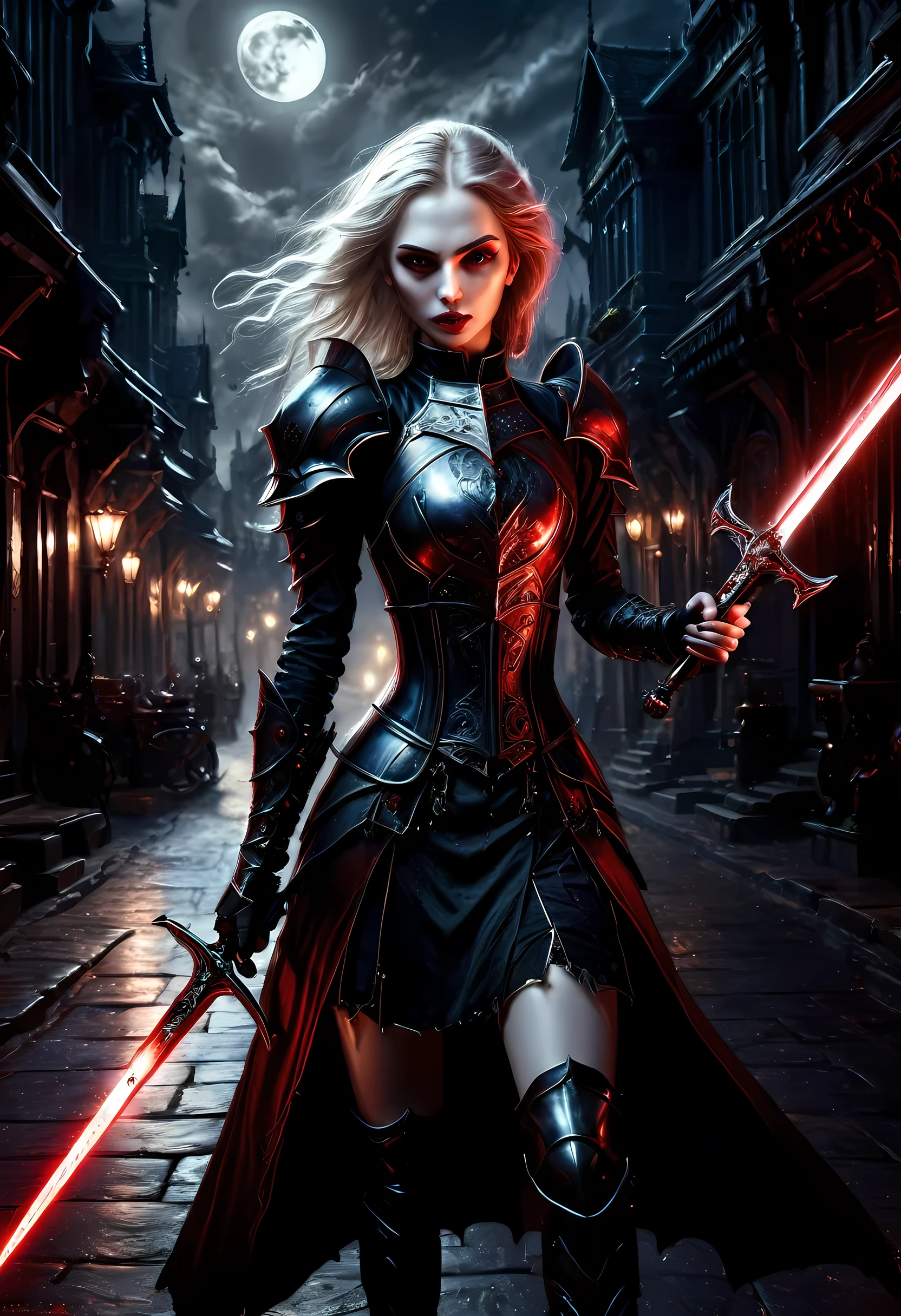 Arafed, dark fantasy art, gothic art, a picturק of a vampire ready for battle, female vampire, armed with a sword, wearing heavy armor , armed with a sword, shining sword, ultra detailed face (intricate detailed, Masterpiece, best quality: 1.4), pale skin, glowing eyes, red eyes, ultra feminine, pale skin, dynamic hair, dark fantasy urban street (intricate detailed, Masterpiece, best quality: 1.4), moon light, star light, clouds, armored_dress, RagingNebula