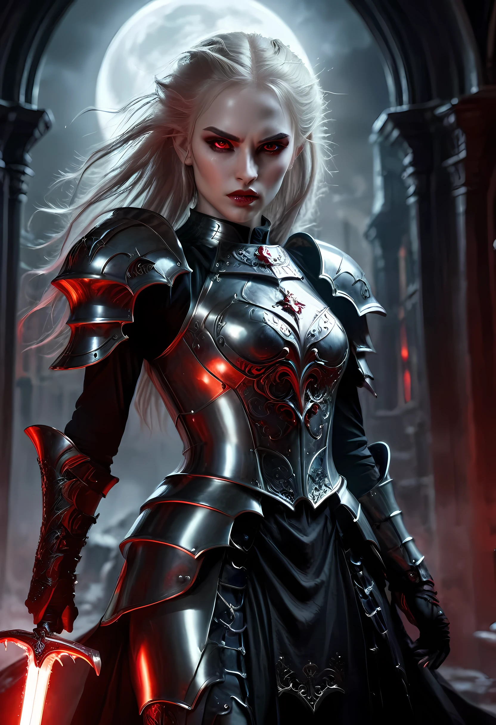 Arafed, dark fantasy art, gothic art, a picturק of a vampire ready for battle, female vampire, armed with a sword, wearing heavy armor , armed with a sword, shining sword, ultra detailed face (intricate detailed, Masterpiece, best quality: 1.4), pale skin, glowing eyes, red eyes, ultra feminine, pale skin, dynamic hair, dark fantasy urban street (intricate detailed, Masterpiece, best quality: 1.4), moon light, star light, clouds, armored_dress, RagingNebula