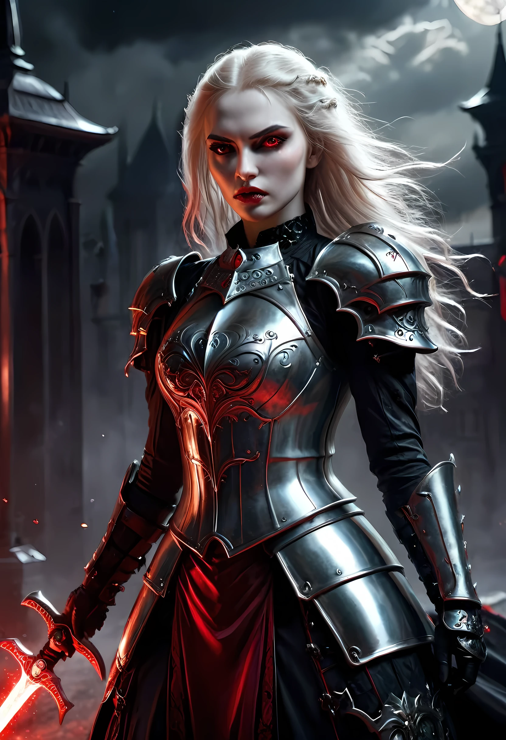 Arafed, dark fantasy art, gothic art, a picturק of a vampire ready for battle, female vampire, armed with a sword, wearing heavy armor , armed with a sword, shining sword, ultra detailed face (intricate detailed, Masterpiece, best quality: 1.4), pale skin, glowing eyes, red eyes, ultra feminine, pale skin, dynamic hair, dark fantasy urban street (intricate detailed, Masterpiece, best quality: 1.4), moon light, star light, clouds, armored_dress, RagingNebula