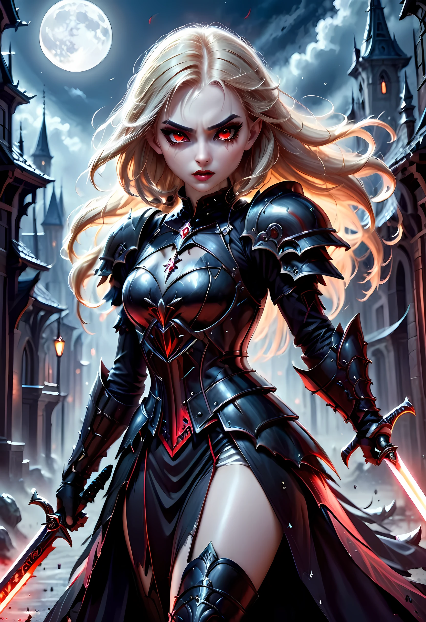 moda disney Arafed, arte de fantasia sombria, arte gótica, uma foto de um vampiro pronto para a batalha, vampira feminina, Armado com uma espada, vestindo armadura pesada , Armado com uma espada, espada brilhante, rosto ultra detalhado (intrincado detalhado, obra de arte, melhor qualidade: 1.4), pele pálida, olhos brilhantes, olhos vermelhos, ultra feminine, pele pálida, cabelo dinâmico, rua urbana de fantasia escura (intrincado detalhado, obra de arte, melhor qualidade: 1.4), luz da lua, luz da estrela, Nuvens, blindado_vestir, Nebulosa Furiosa, 