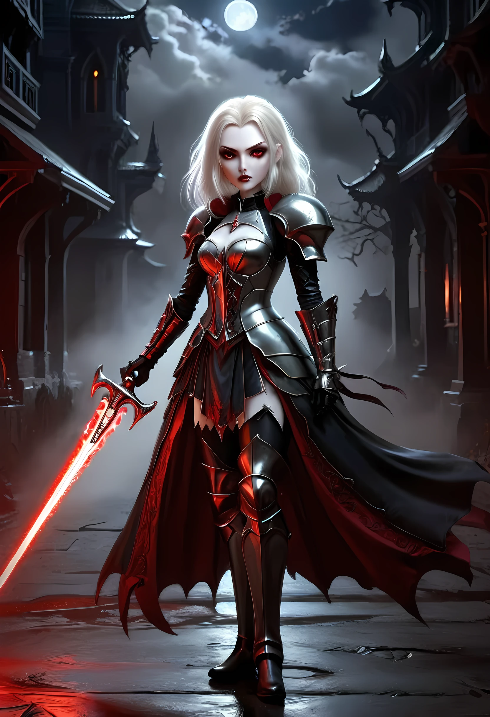 Arafed, dark fantasy art, gothic art, a picturק of a vampire ready for battle, female vampire, armed with a sword, wearing heavy armor , armed with a sword, shining sword, ultra detailed face (intricate detailed, Masterpiece, best quality: 1.4), pale skin, glowing eyes, red eyes, ultra feminine, pale skin, dynamic hair, dark fantasy urban street (intricate detailed, Masterpiece, best quality: 1.4), moon light, star light, clouds, armored_dress, RagingNebula, 
