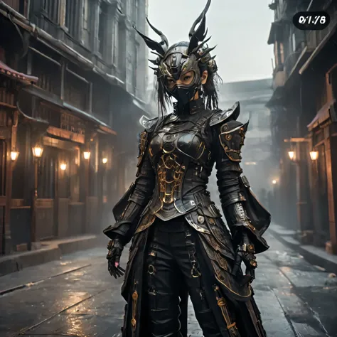 Arafed image of a person wearing amber clothing and a mask, A very beautiful cyberpunk samurai, gothic - cyberpunk, Orthodox cyb...