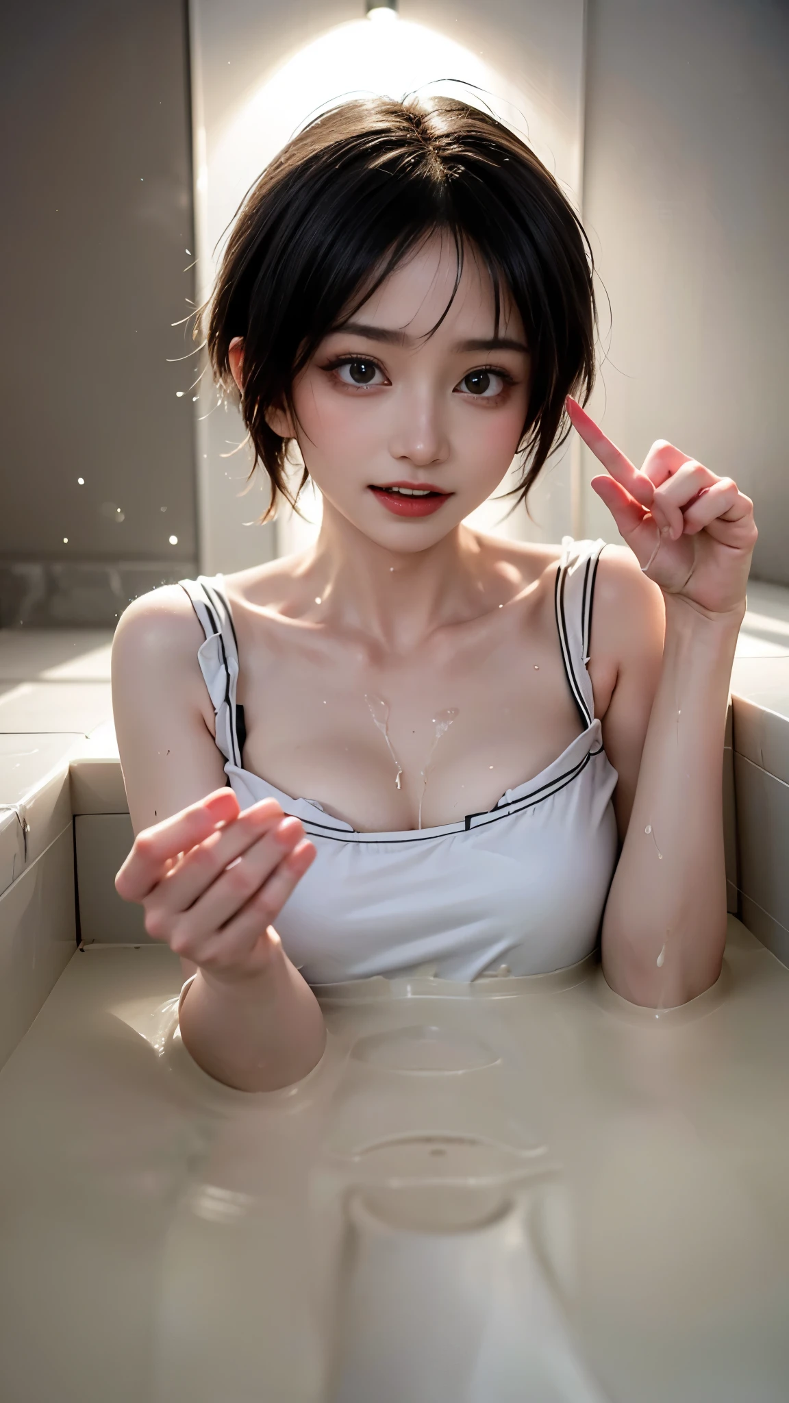 In 8K、highest quality、masterpiece、Super detailed、Ultra-high resolution、

Bathroom、((1 person))、girl、Wrapping a large towel around your body、Expose your shoulders、Wet your hair、Wet Skin、Water droplets fall、(jirai type make-up:1.3、jirai girl:1.3、Red Eyeliner), (Blowjob gestures:1.5), surprised, (vapor,Sweat), Cream yellow hair、pixie short hair、Cute girl、(MEGA Big Breasts:1.3)、Take a bath、Dark bathroom:1.2、Soaking in the bathtub、Soak in the bathtub、girl in the bath、(Cinematic lighting、Rainbow light in a dimly lit room:1.3)、

Safety Sensors、((night:1.8, Turn off the lights:1.5)),

((sweat,steam,Vulgarity)),(Open your mouth wide、Sticking out tongue、ahegao)