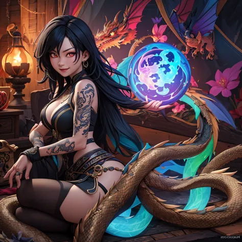 A witchy Asian spirit, Malaysian woman, age 25, ankle length hair, extensive tattoos ( dragon motif), evil body jewelry, unclad ...
