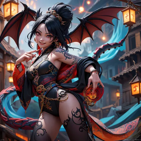 A witchy Asian spirit, Malaysian woman, age 25, ankle length hair, extensive tattoos ( dragon motif), evil body jewelry, unclad ...