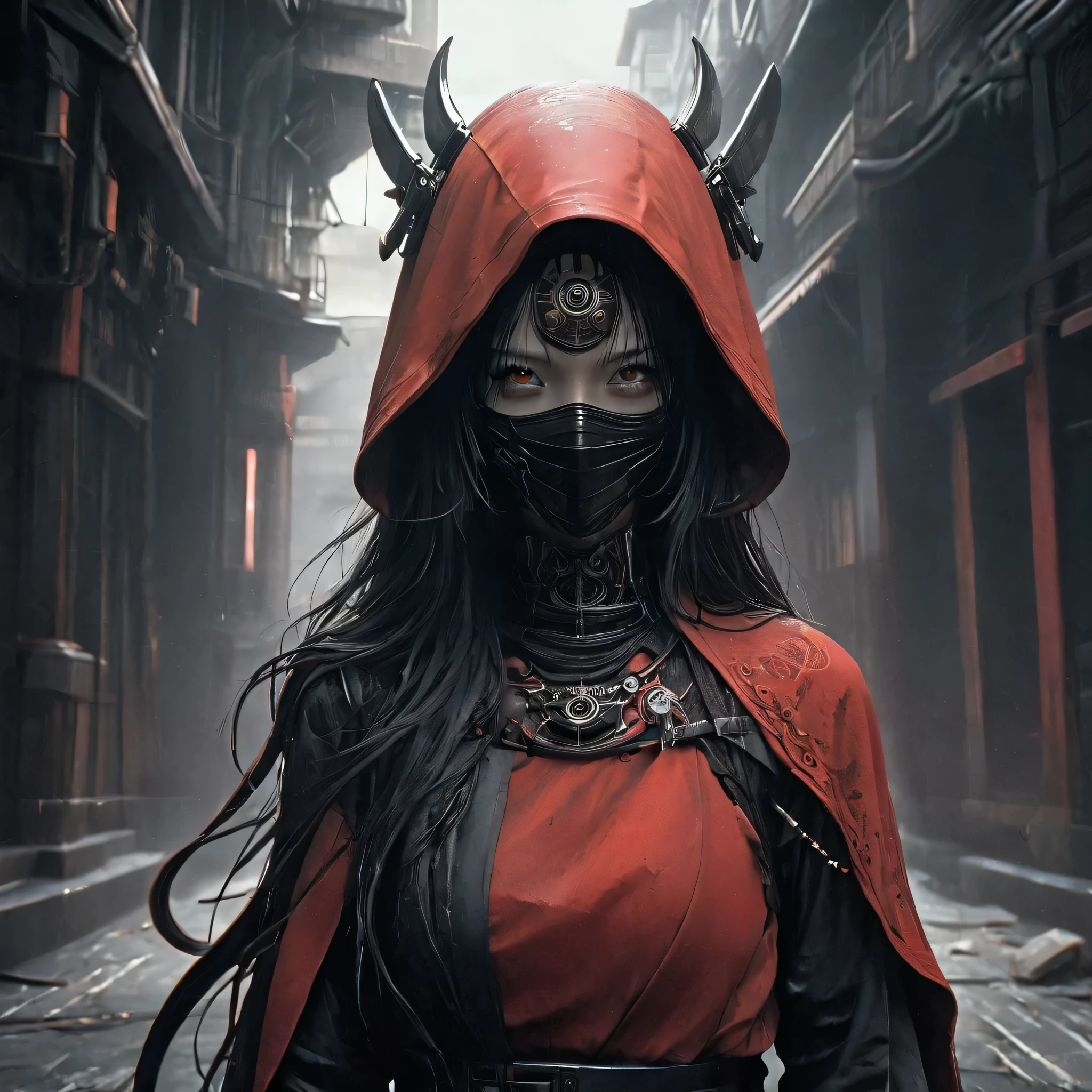 Arafed image of a person wearing scarlet clothing and a mask, Very beautiful cyberpunk samurai, gothic - cyberpunk, Orthodox cyberpunk, Rococo Cyberpunk, ornamental gothic - cyberpunk, Gorgeous cosplay, occult cyberpunk, Mysterious Post-Apocalyptic Cyborg, Steampunk Angel, Ultra-detailed fantasy characters, Steampunk aesthetics, Steampunk fantasy style, japanese gothic, Hypergoth, Beautiful female Grim Reaper