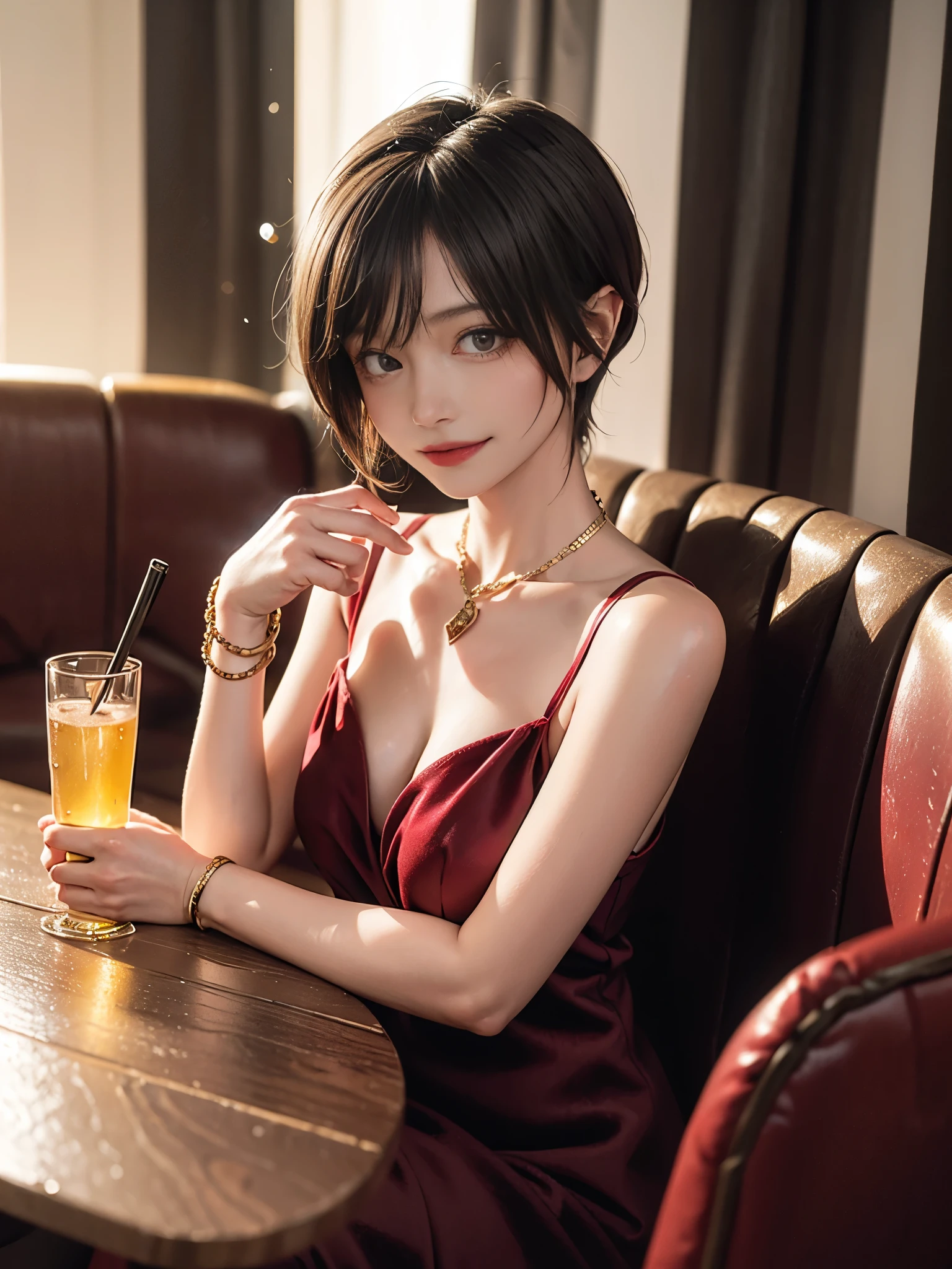 best quality, ultra-detailed, illustration, 
cabaret, scenery, bar (place), indoors, chair, table, light,


(((Golden lighting、Velvet dress、Red Velvet Long Sofa))), character:Tchibana kyoka,

1girl, solo, , jewelry, necklace, smile, black hair, looking at viewer, black dress, sleeveless dress, bracelet, sitting, drinking glass, alcohol, 
 