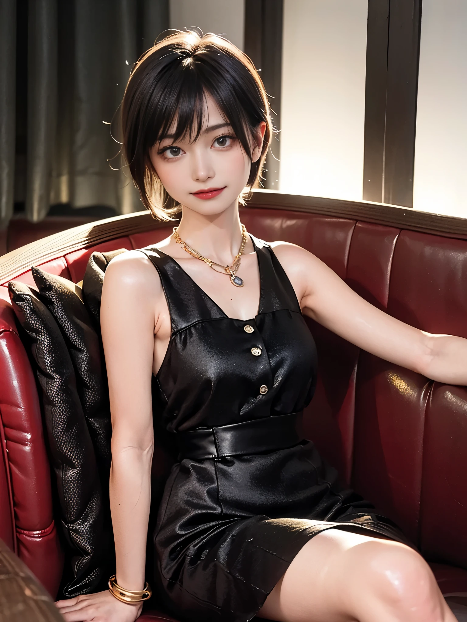 best quality, ultra-detailed, illustration, 
cabaret, scenery, bar (place), indoors, chair, table, light,


(((Golden lighting、Velvet dress、Red Velvet Long Sofa))), character:Tchibana kyoka,

1girl, solo, , jewelry, necklace, smile, black hair, looking at viewer, black dress, sleeveless dress, bracelet, sitting, drinking glass, alcohol, 
 