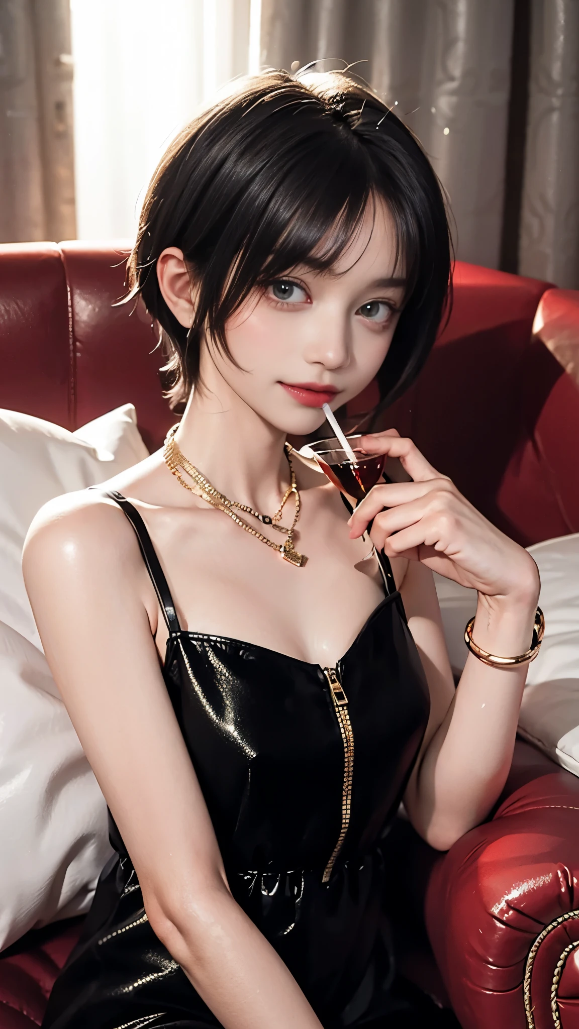 best quality, ultra-detailed, illustration, 
cabaret, scenery, bar (place), indoors, chair, table, light,


(((Golden lighting、Velvet dress、Red Velvet Long Sofa))), (ahegao),

1girl, solo, , jewelry, necklace, little devil smile, Cream yellow hair, looking at viewer, black dress, sleeveless dress, bracelet, sitting, drinking glass, alcohol, 
 