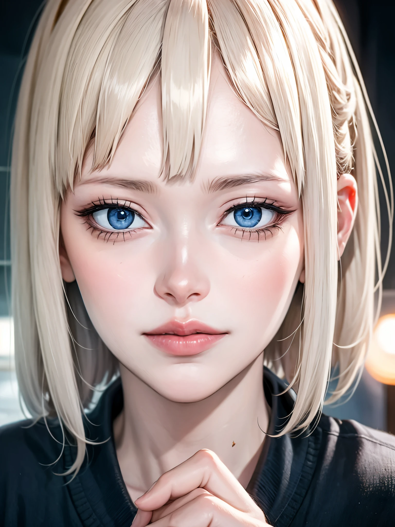 (sfw:1.8),Real、8K、(masterpiece), (Very complicated:1.3), (Realistic), 1 female、Woman portrait、28 years old、round face、Blue Eyes、Close-up of face、Big Eyes、Drooping eyes、 short hair、The most beautiful in the world,, White skin、delicate、 Upper Body, night、 Strong lighting, Detailed professional photos of beautiful women, Sharp focus, Cinema Lighting, rendering , ( Blurred Background, Depth of written boundary),((Realistic)), ((Sharp focus)), (Highest Resolution), ((masterpiece)), プロフェッショナルCinema Lighting、 (Perfect hands), （Perfect Fingers）