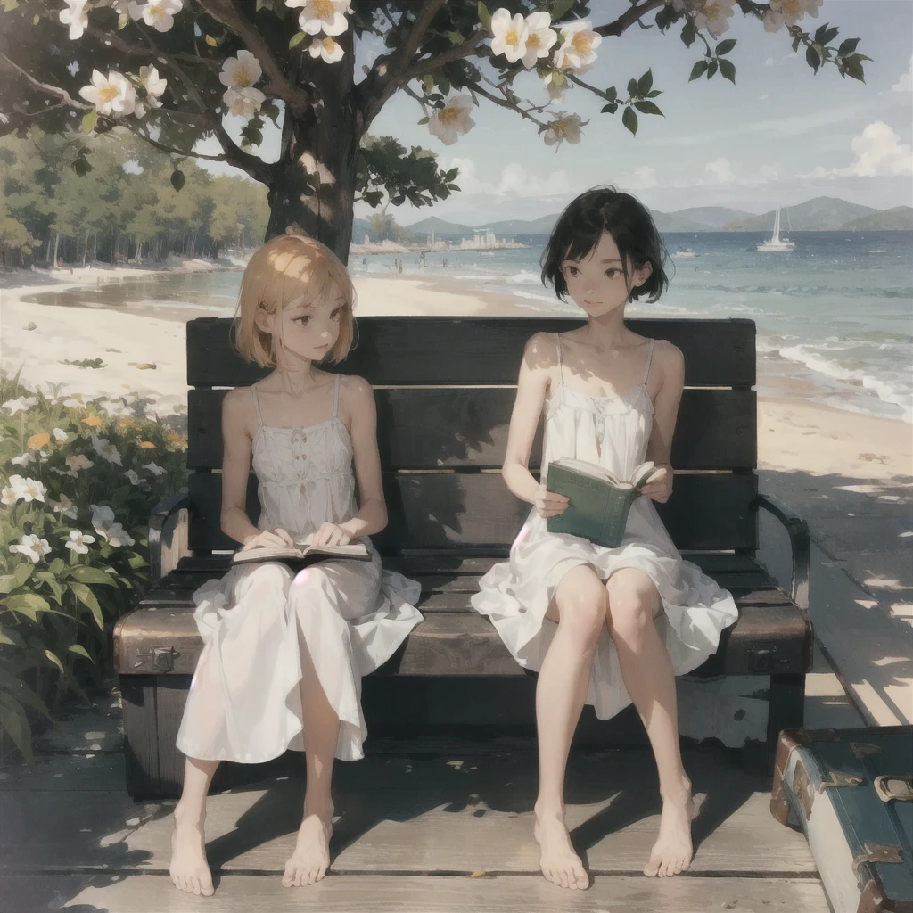 A gentle, slender, thin girl with an exquisite, perfect, very beautiful face of the southern type with large alien eyes in a light sundress, barefoot on the pier on benches, reading a book under a flowering tree, next to it is a small old suitcase, soft amber evening light, warm sun, gentle waves, mint and peach shades