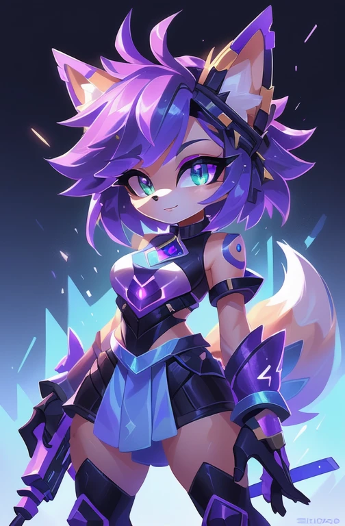 uma imagem de desenho animado de uma mulher com cabelo roxo e uma arma, kda, advanced digital chibi art, commission for high resolution, fanart oficial, arte oficial do personagem, arte inicial do personagem, arte oficial, por Shitao, arte oficial hdr, an anthropomorphic cyberpunk fox, linda garota ciborgue, sonic oc, fanart detalhada, arte do jogo!!, CO Commission