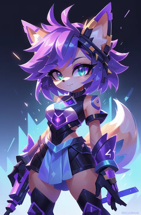 uma imagem de desenho animado de uma mulher com cabelo roxo e uma arma, kda, advanced digital chibi art, commission for high res...