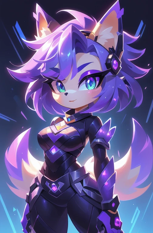 uma imagem de desenho animado de uma mulher com cabelo roxo e uma arma, KDA, arte chibi digital avançada, Comissão de alta resolução, fanart oficial, arte oficial do personagem, arte inicial do personagem, arte oficial, por Shitao, Arte Oficial HDR, uma raposa cyberpunk antropomórfica, linda garota ciborgue, sonic oc, fanart detalhada, arte do jogo!!, Comissão CO. corpo todo .